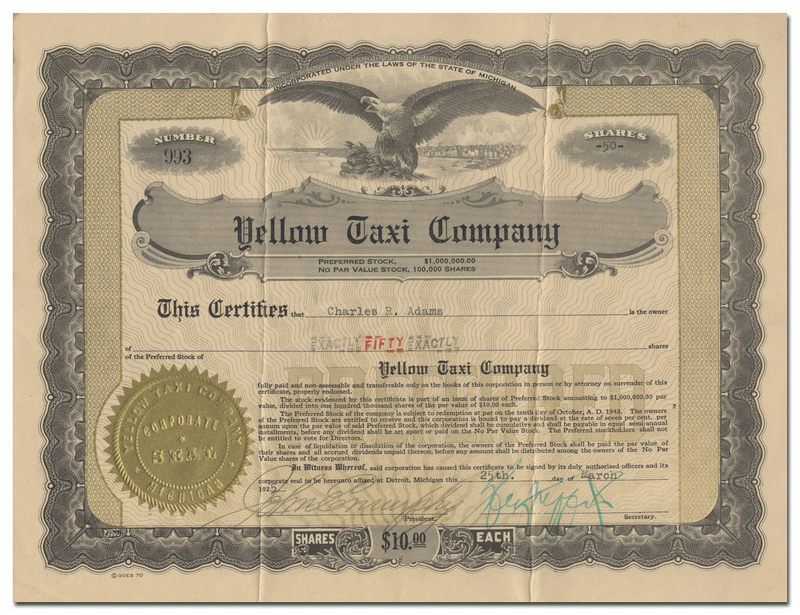 Yellow Taxi Company Stock Certificate