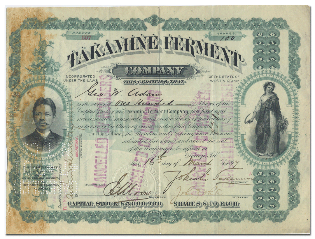 Takamine Ferment Company Stock Certificate