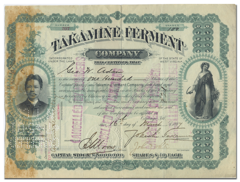 Takamine Ferment Company Stock Certificate