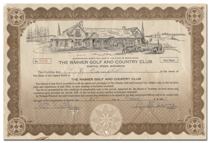 Rainier Golf and Country Club Stock Certificate