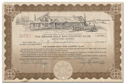Rainier Golf and Country Club Stock Certificate