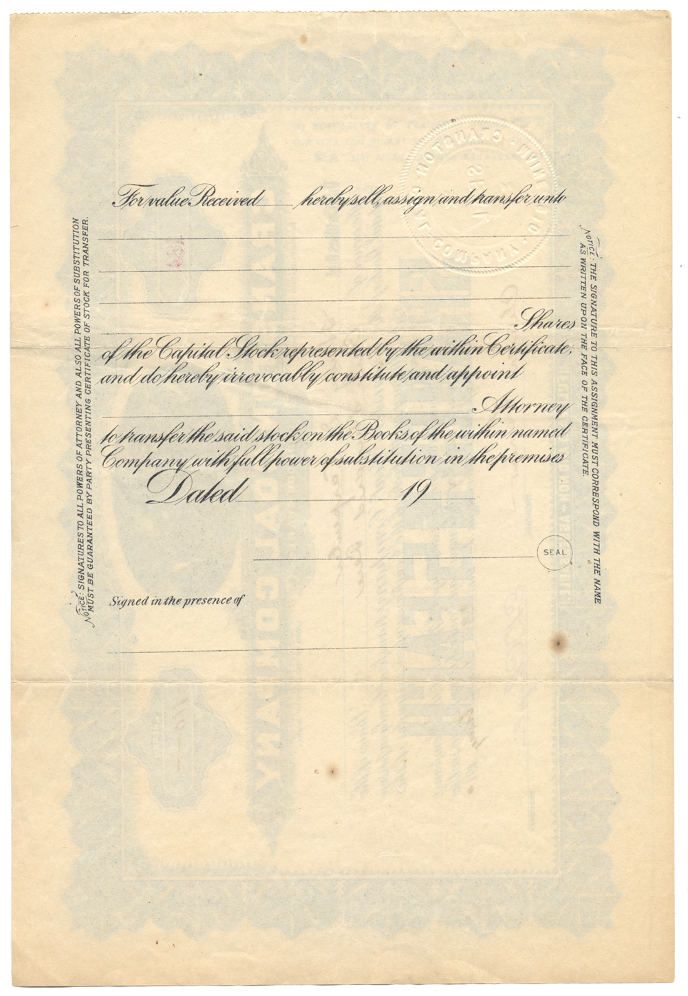 Cranston Coal Company Stock Certificate