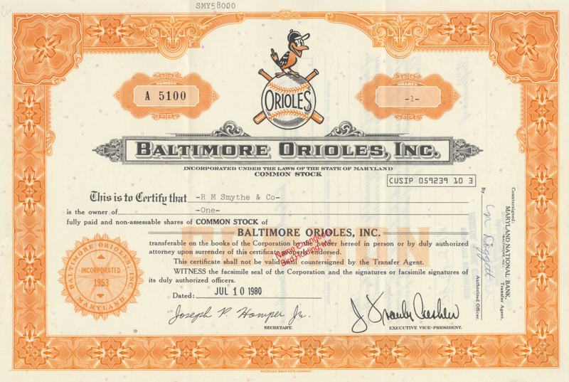 Baltimore Orioles Stock Certificate