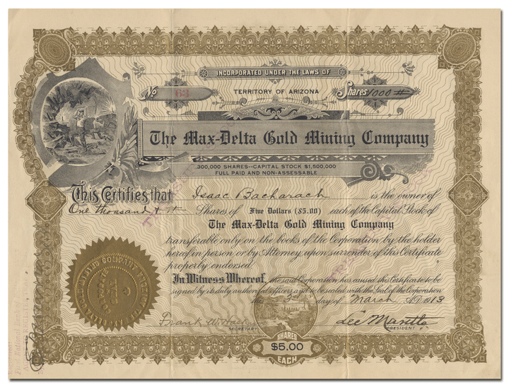 Max-Delta Gold Mining Company Stock Certificate