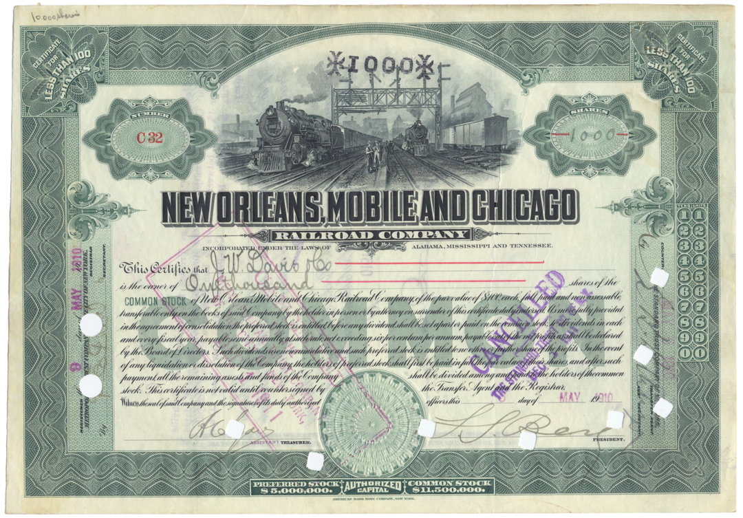 New Orleans, Mobile and Chicago Railroad Company Stock Certificate