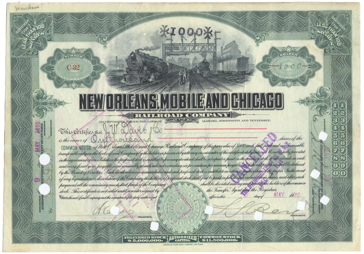 New Orleans, Mobile and Chicago Railroad Company Stock Certificate