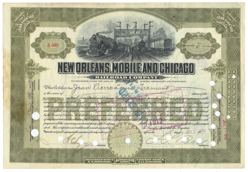 New Orleans, Mobile and Chicago Railroad Company Stock Certificate