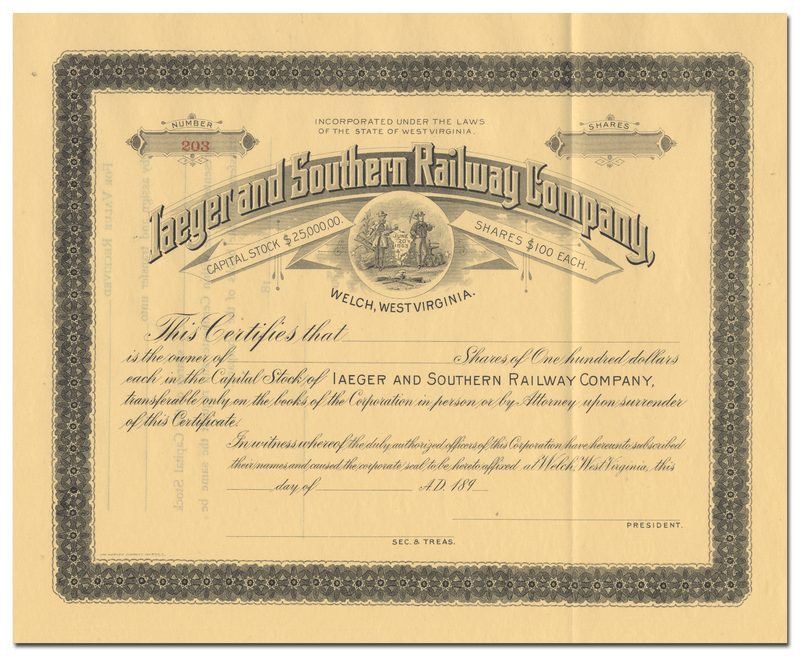 Iager and Southern Railway Company Stock Certificate
