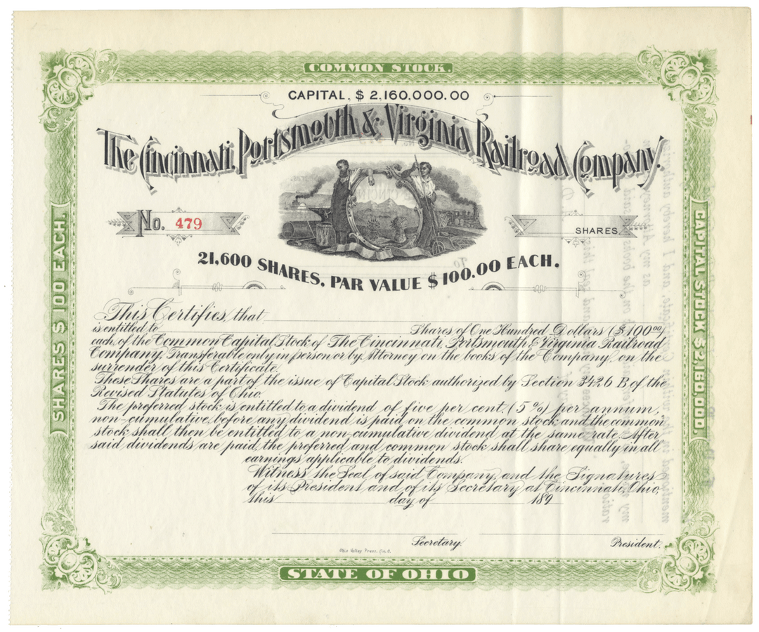 Cincinnati, Portsmouth and Virginia Railroad Company Stock Certificate