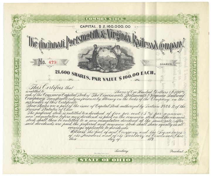 Cincinnati, Portsmouth and Virginia Railroad Company Stock Certificate