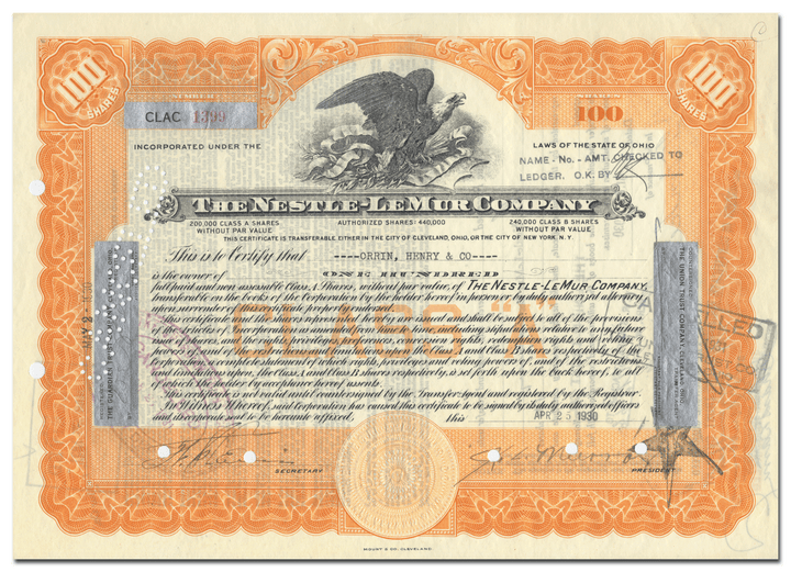 Nestle-LeMur Company Stock Certificate