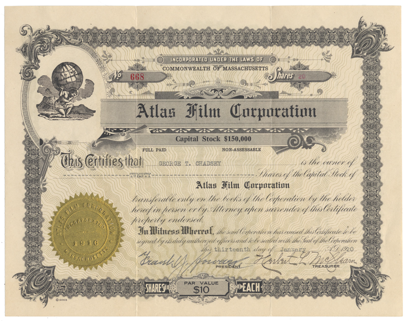 Atlas Film Corporation Stock Certificate