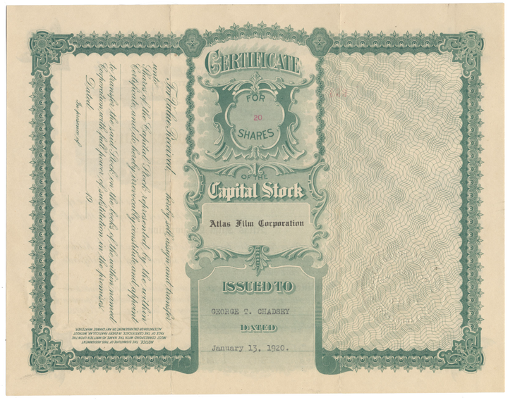 Atlas Film Corporation Stock Certificate