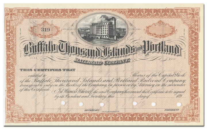 Buffalo, Thousand Islands and Portland Railroad Company Stock Certificate