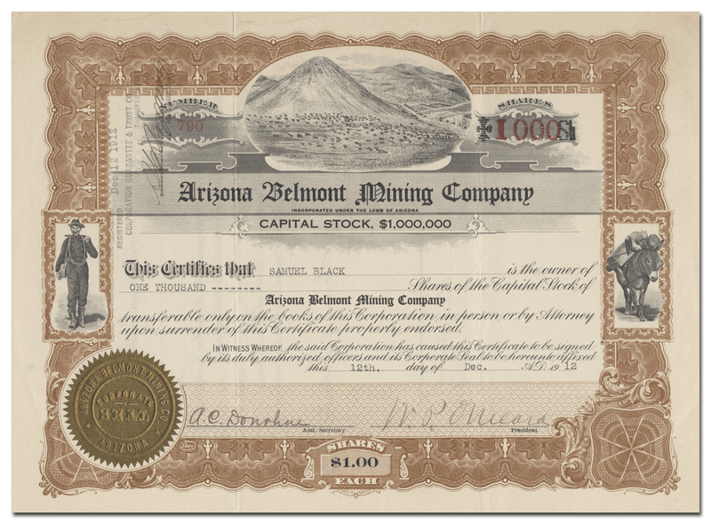 Arizona Belmont Mining Company Stock Certificate
