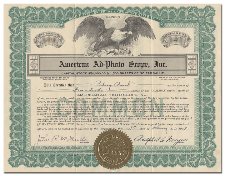 American Ad-Photo Scope, Inc. Stock Certificate