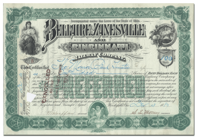 Bellaire Zanesville and Cincinnati Railway Company Stock Certificate