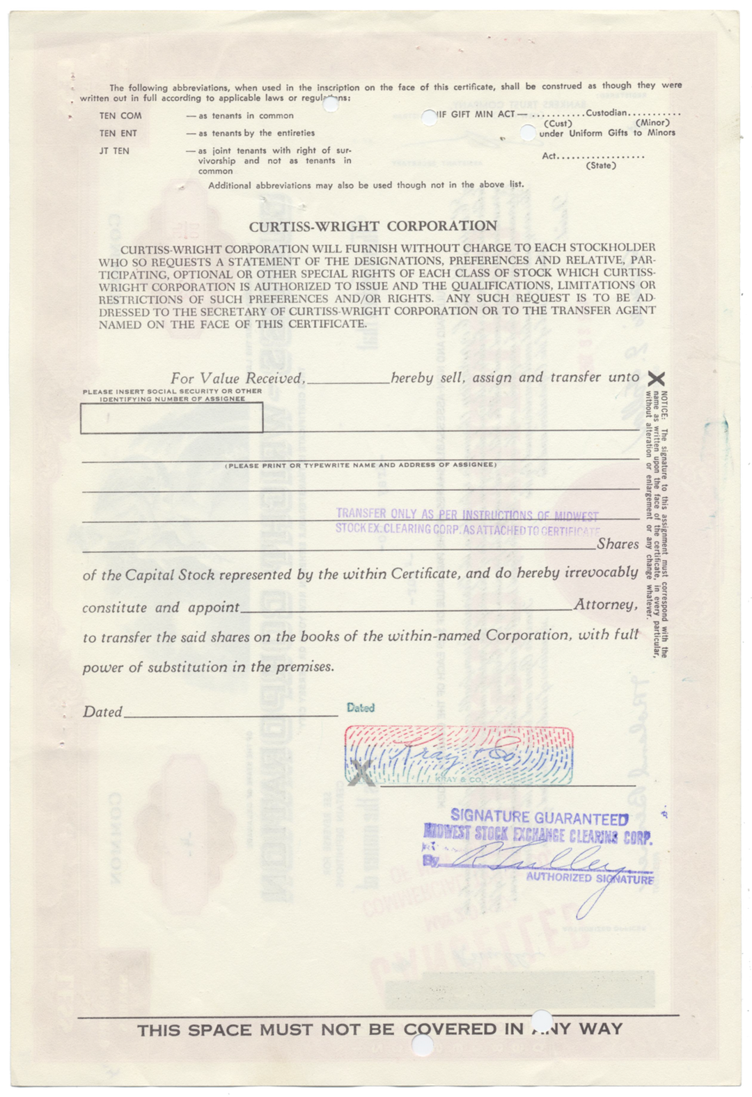 Curtiss-Wright Corporation Stock Certificate