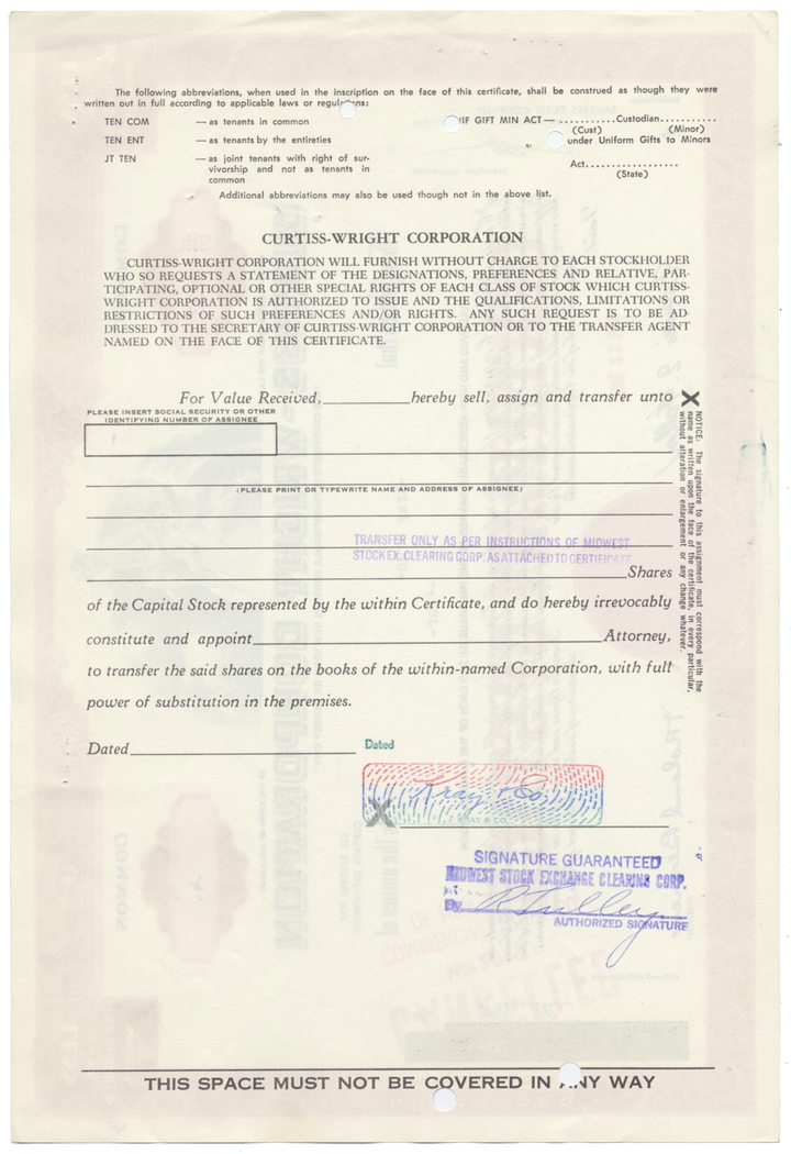 Curtiss-Wright Corporation Stock Certificate