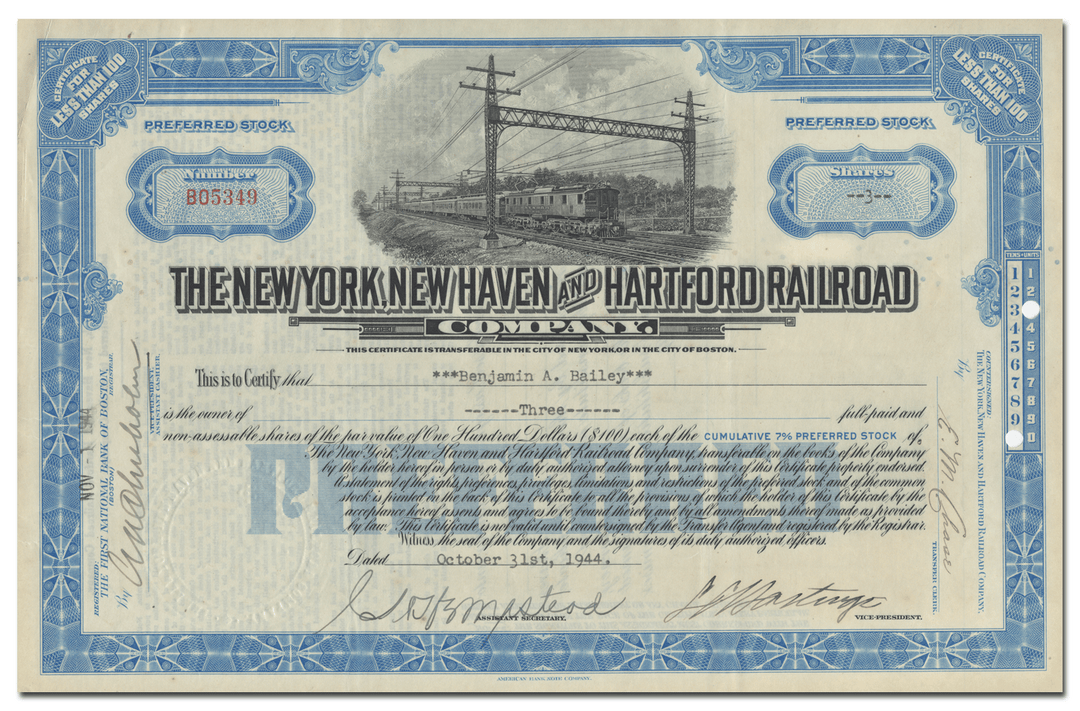 New York, New Haven and Hartford Railroad Company Stock Certificate