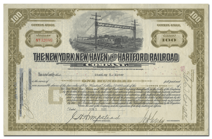 New York, New Haven and Hartford Railroad Company Stock Certificate