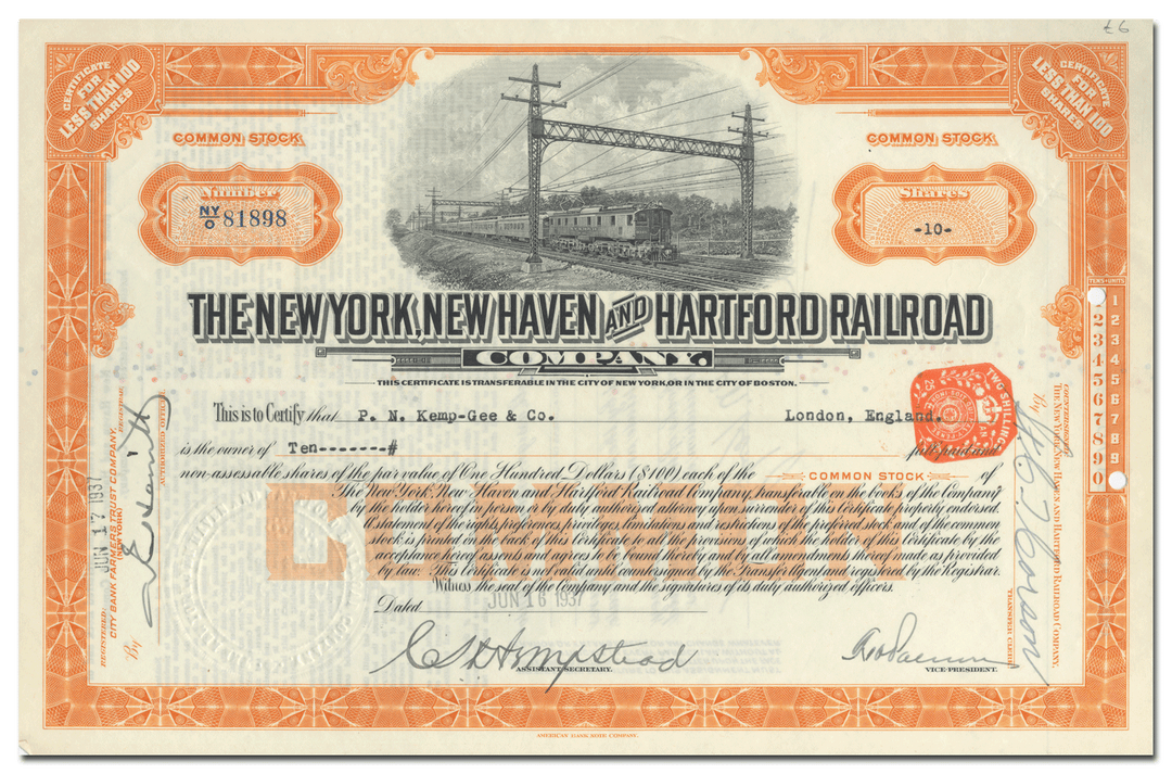 New York, New Haven and Hartford Railroad Company Stock Certificate