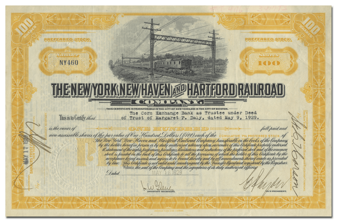 New York, New Haven and Hartford Railroad Company Stock Certificate