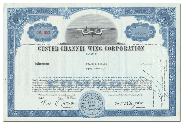 Custer Channel Wing Corporation Stock Certificate