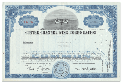 Custer Channel Wing Corporation Stock Certificate