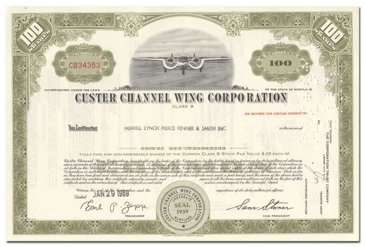 Custer Channel Wing Corporation Stock Certificate