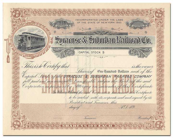 Syracuse & Suburban Railroad Company Stock Certificate