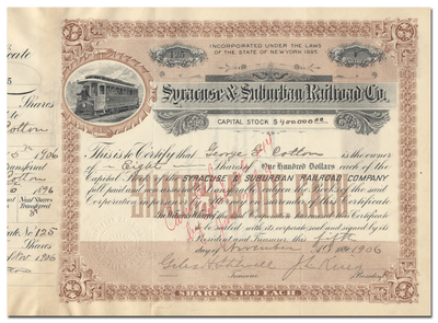 Syracuse & Suburban Railroad Company Stock Certificate
