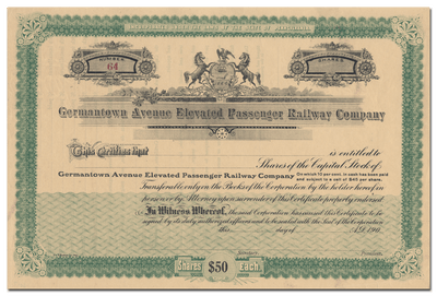 Germantown Avenue Elevated Passenger Railway Company Stock Certificate