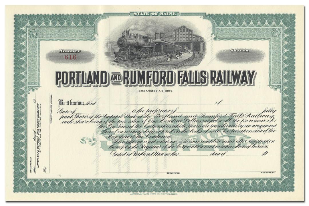 Portland and Rumford Falls Railway Stock Certificate