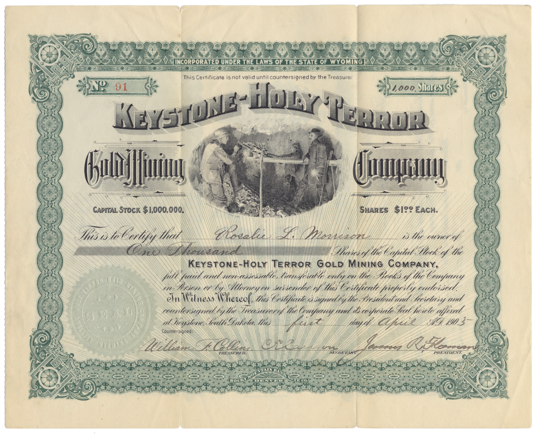 Keystone - Holy Terror Gold Mining Company Stock Certificate