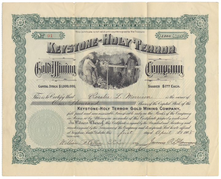 Keystone - Holy Terror Gold Mining Company Stock Certificate