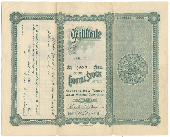 Keystone - Holy Terror Gold Mining Company Stock Certificate