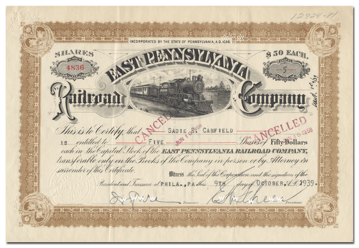 East Pennsylvania Railroad Company Stock Certificate