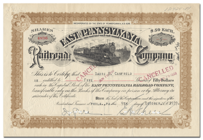 East Pennsylvania Railroad Company Stock Certificate