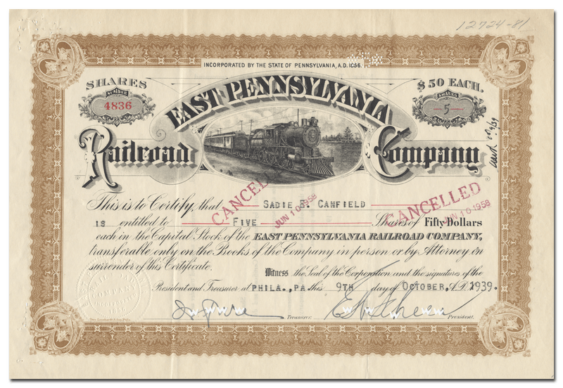 East Pennsylvania Railroad Company Stock Certificate