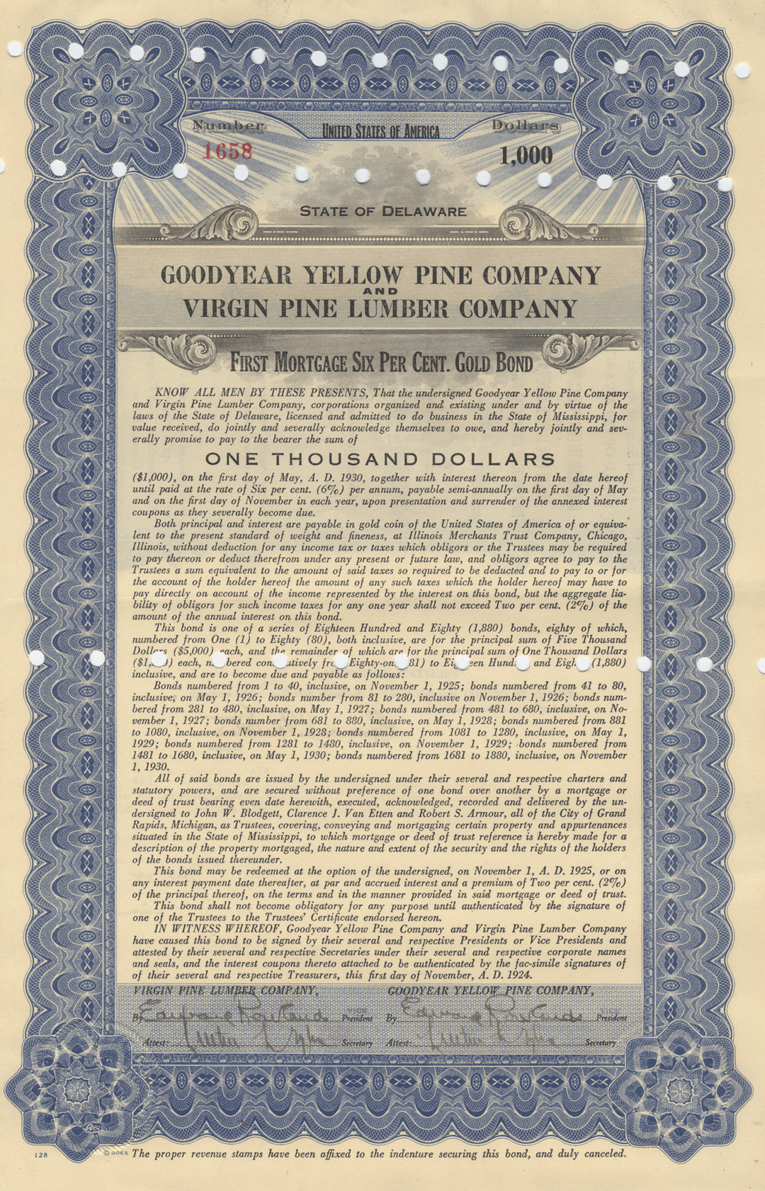 Goodyear Yellow Pine Company and Virgin Pine Lumber Company Bond Certificate Signed by Lucius O. Crosby