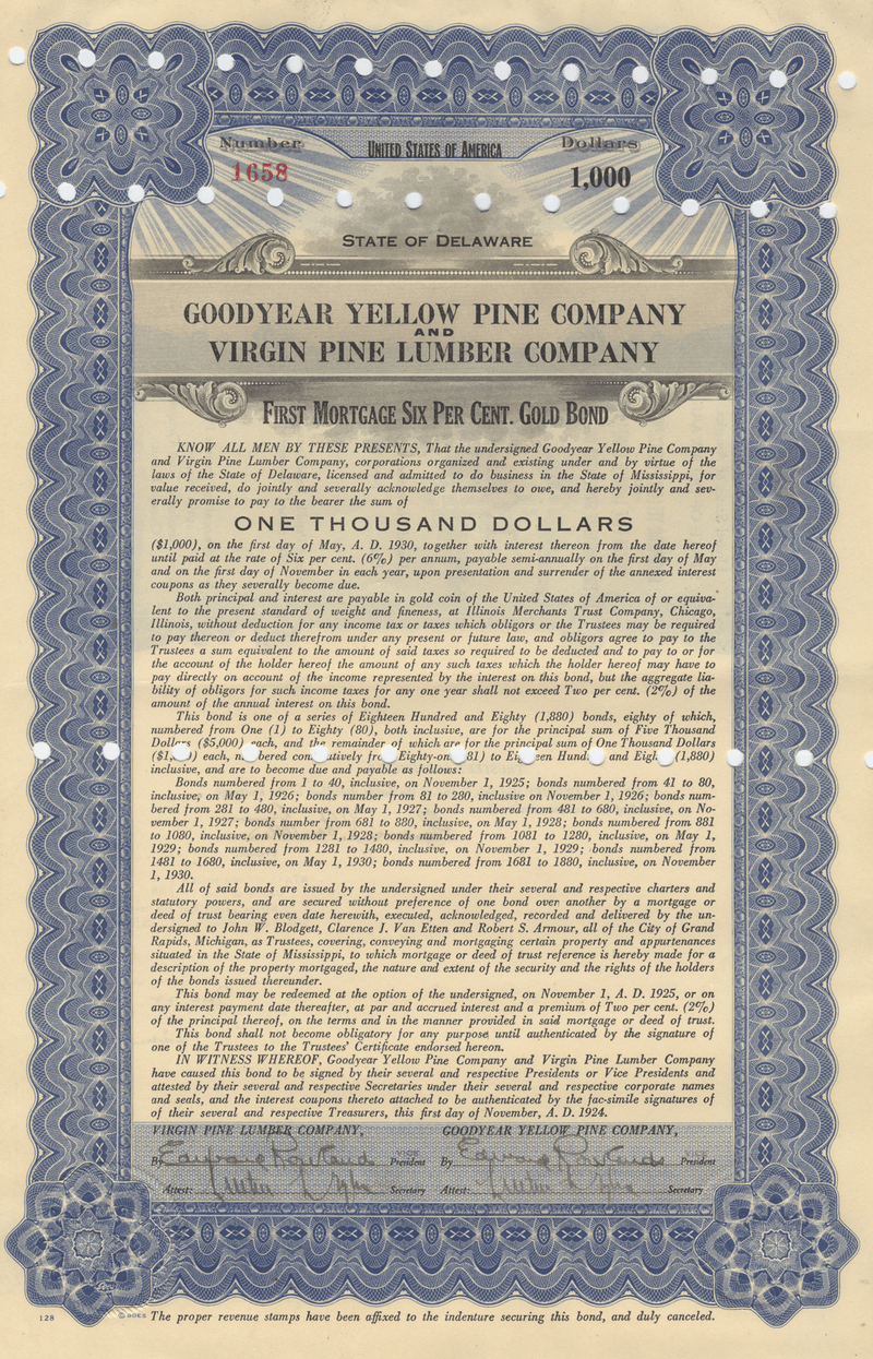 Goodyear Yellow Pine Company and Virgin Pine Lumber Company Bond Certificate Signed by Lucius O. Crosby