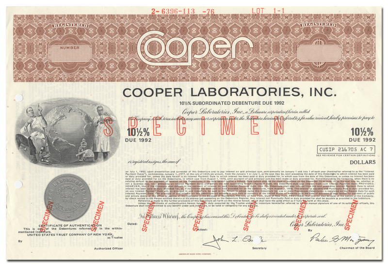 Cooper Laboratories, Inc. Specimen Bond Certificate