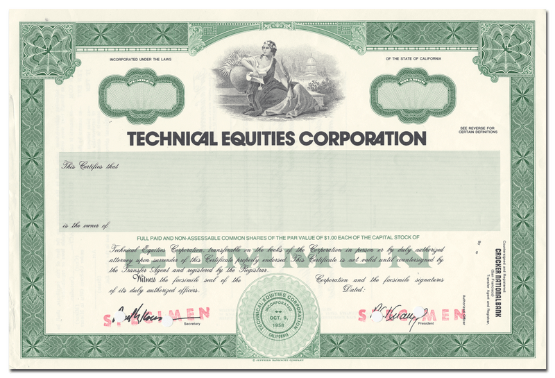 Technical Equities Corporation Specimen Stock Certificate