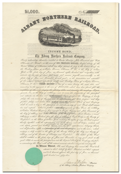 Albany Northern Railroad Co. Bond Certificate Signed by Erastus Corning