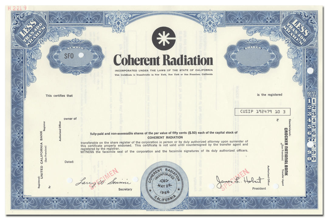 Coherent Radiation Incorporated Specimen Stock Certificate