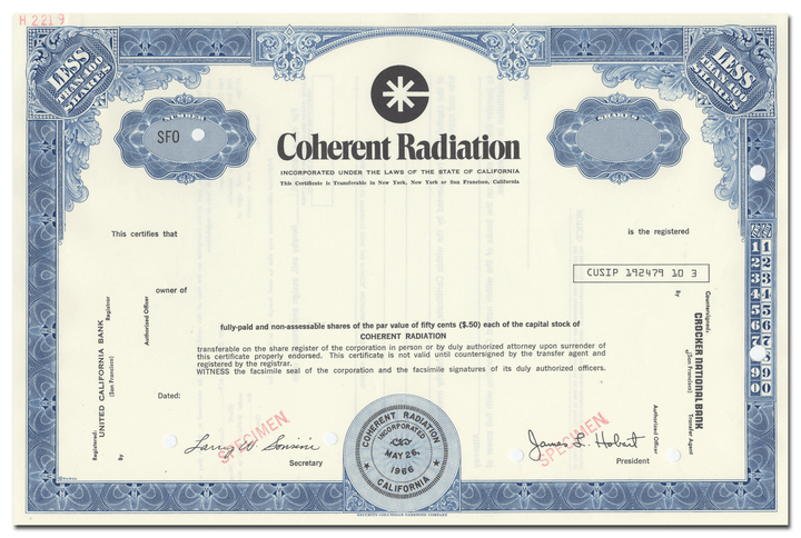 Coherent Radiation Incorporated Specimen Stock Certificate