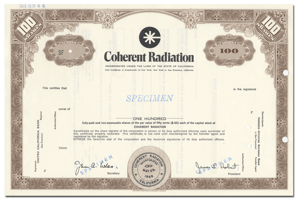 Coherent Radiation Incorporated Specimen Stock Certificate