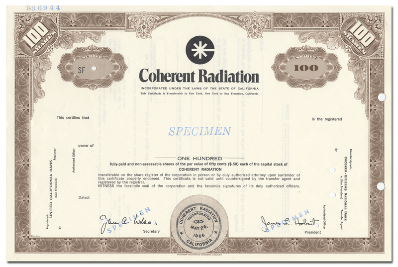 Coherent Radiation Incorporated Specimen Stock Certificate