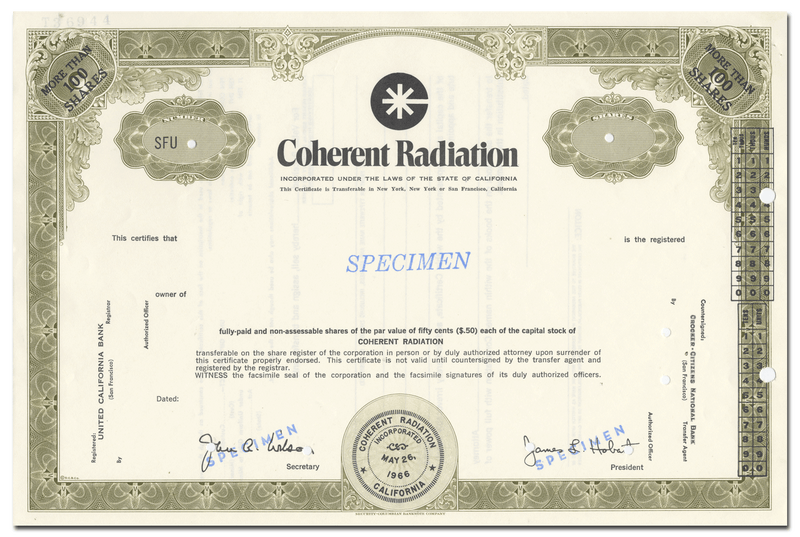 Coherent Radiation Incorporated Specimen Stock Certificate